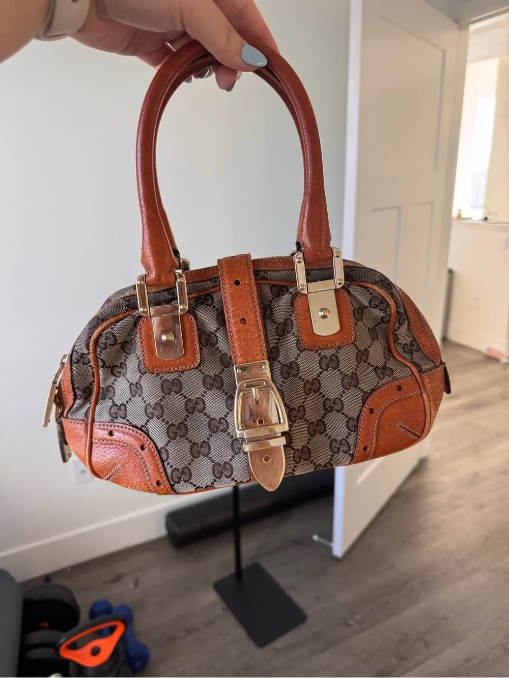Gucci Tan/Brown GG Canvas Satchel with Orange-Tan Leather Trim